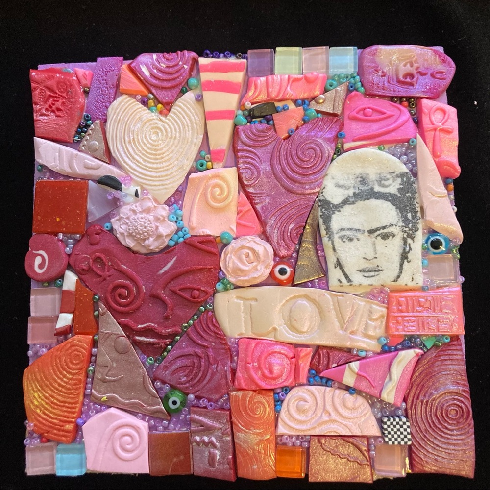 Handmade Mosaic Art “Love Symbols “Polymer Clay Original On Wood 6”x6”